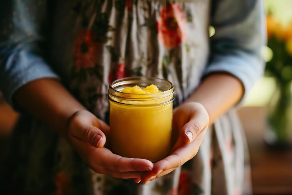 a close up of a mothers hand gently holding a ripe organic apple next to a jar of homemade puree photo